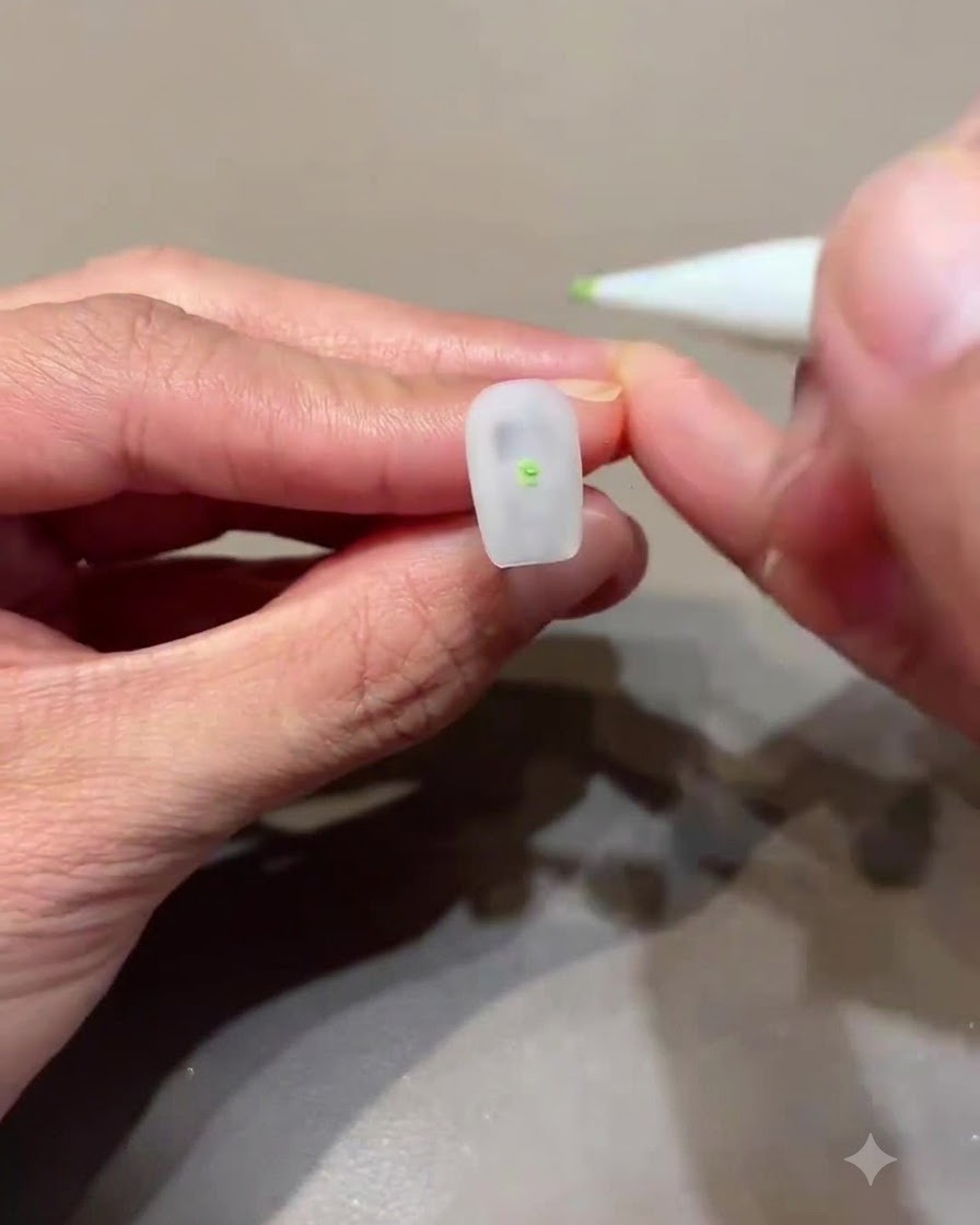Un outil applicateur plaquant un petit point de gel vert près du centre dune plaque dongle mate.