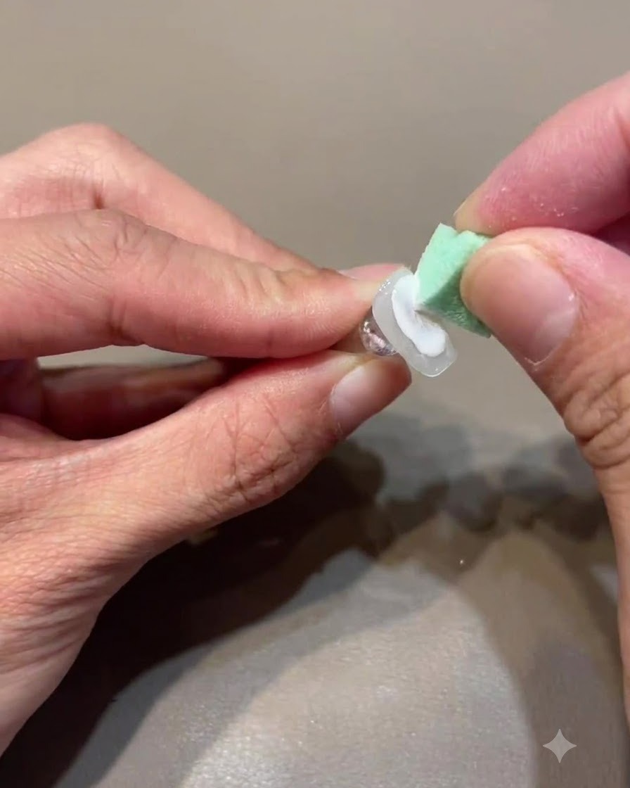 Une petite éponge de maquillage verte tamponnant du gel vert translucide sur une surface dongle préparée.