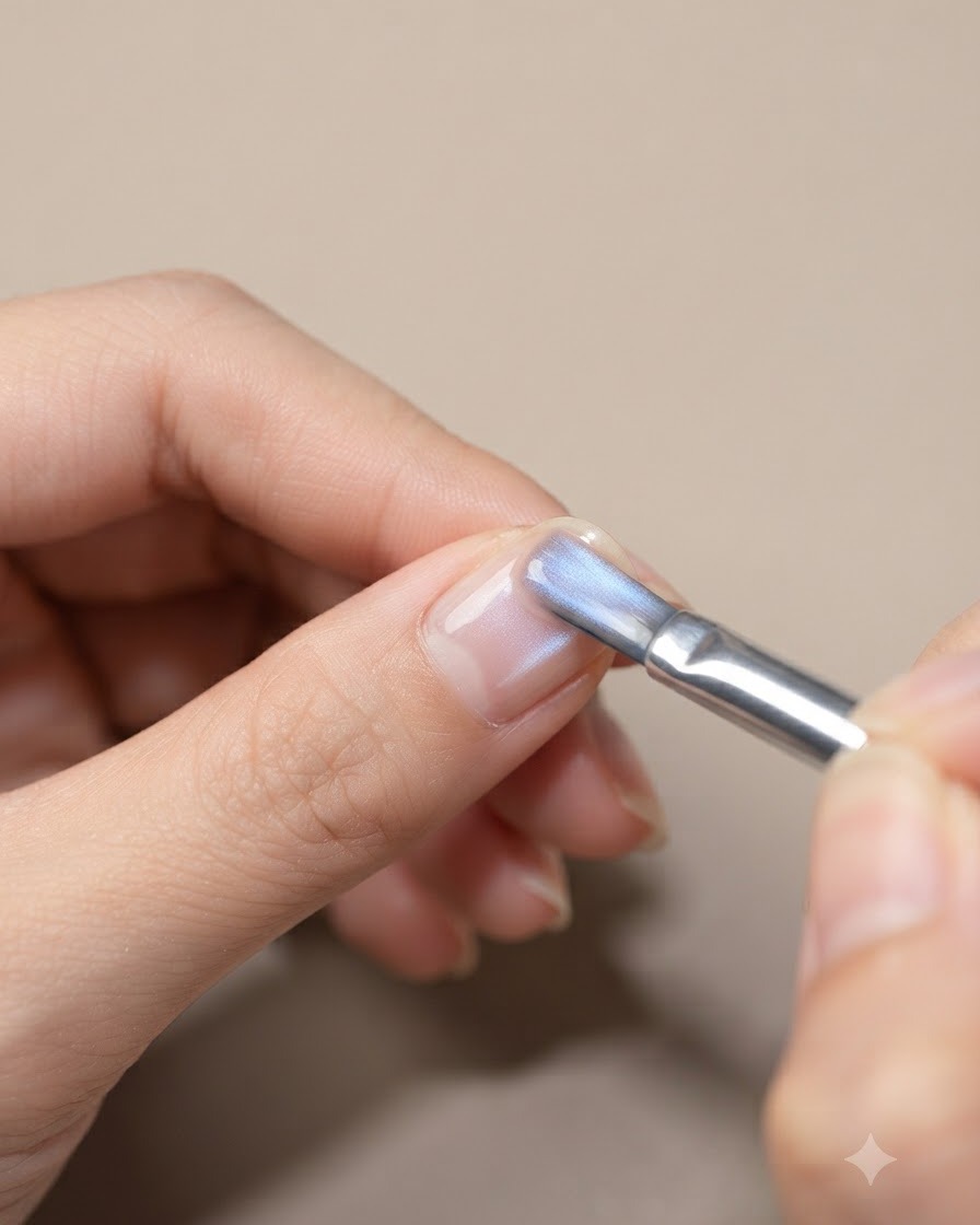 Un pinceau à ongles appliquant une couche de gel cat-eye blanc transparent sur un ongle.