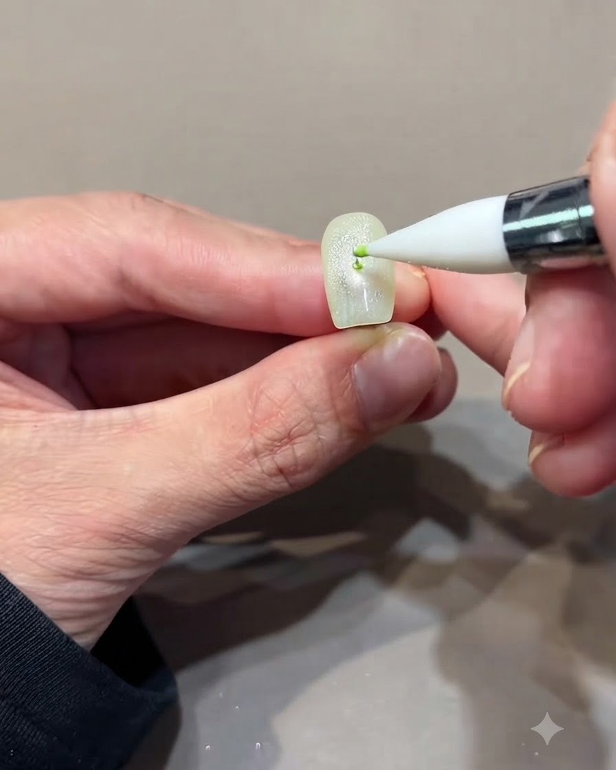Un outil plaquant un petit point de gel vert au centre dun ongle.
