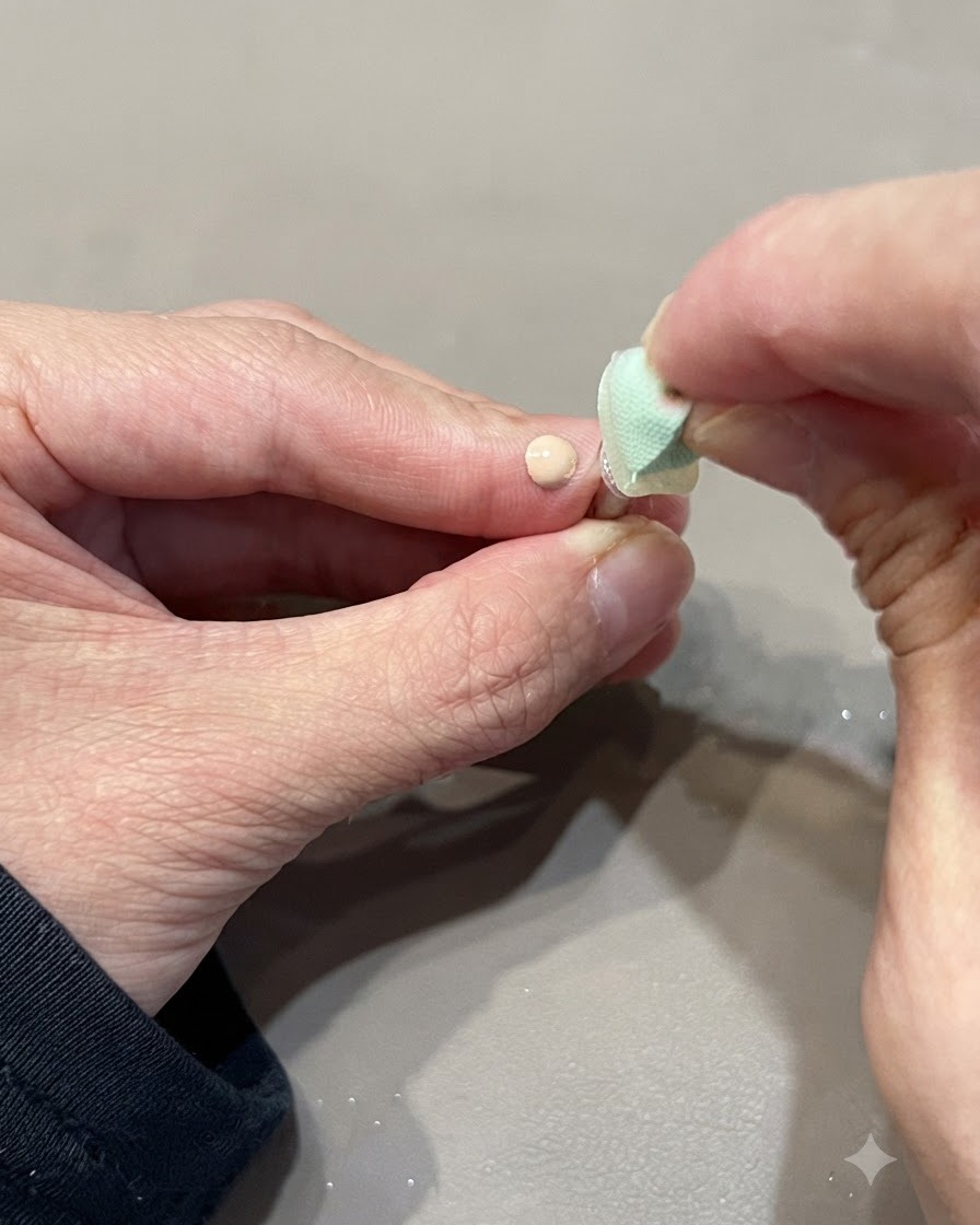 Une éponge tamponnant un point de couleur concentré au centre dun ongle pour créer un dégradé blush.