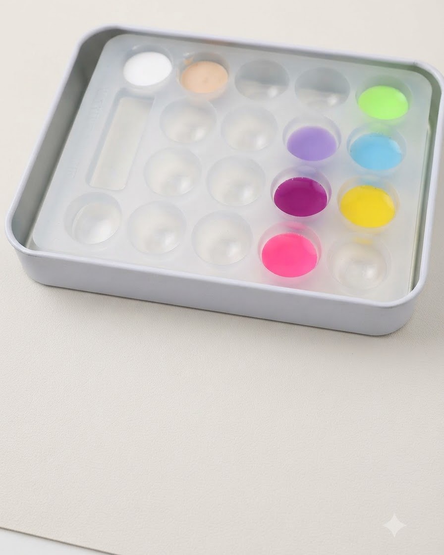 Un plateau de moule en silicone contenant diverses gouttes de gel coloré à lintérieur de ses cavités sphériques.