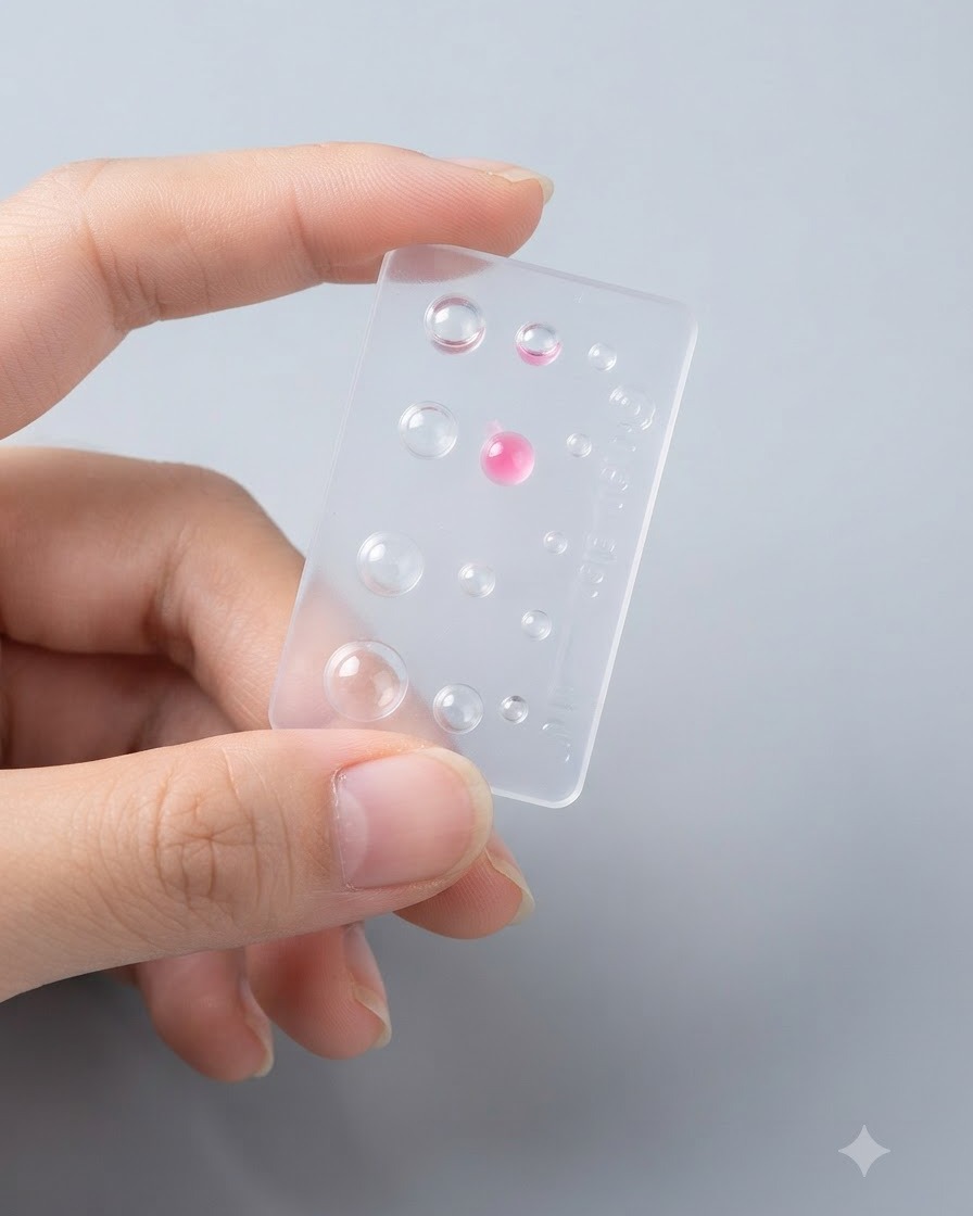 Une feuille de moule en silicone transparente tenue à la main pour inspecter les formes de gel sphériques remplies.