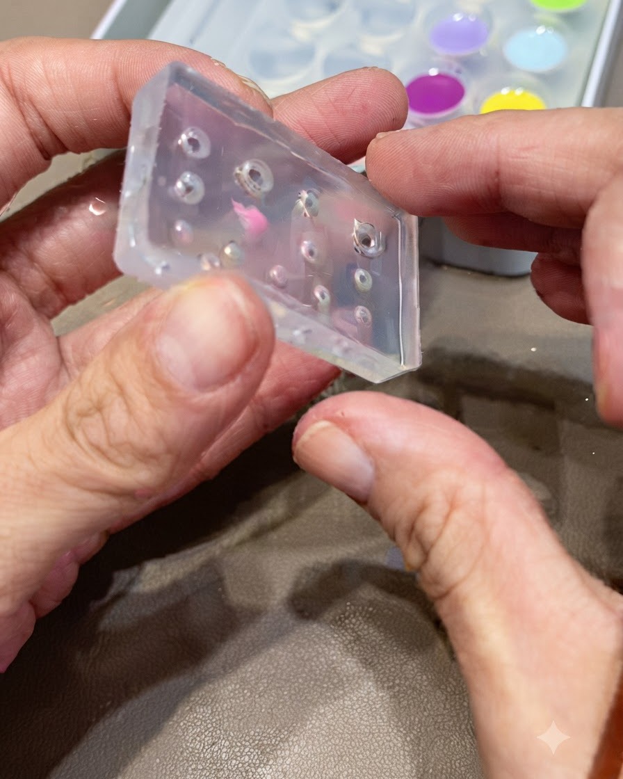 Un moule en silicone avec des détails en gel coloré à lintérieur placé à plat, prêt pour la catalyse sous lampe UV.