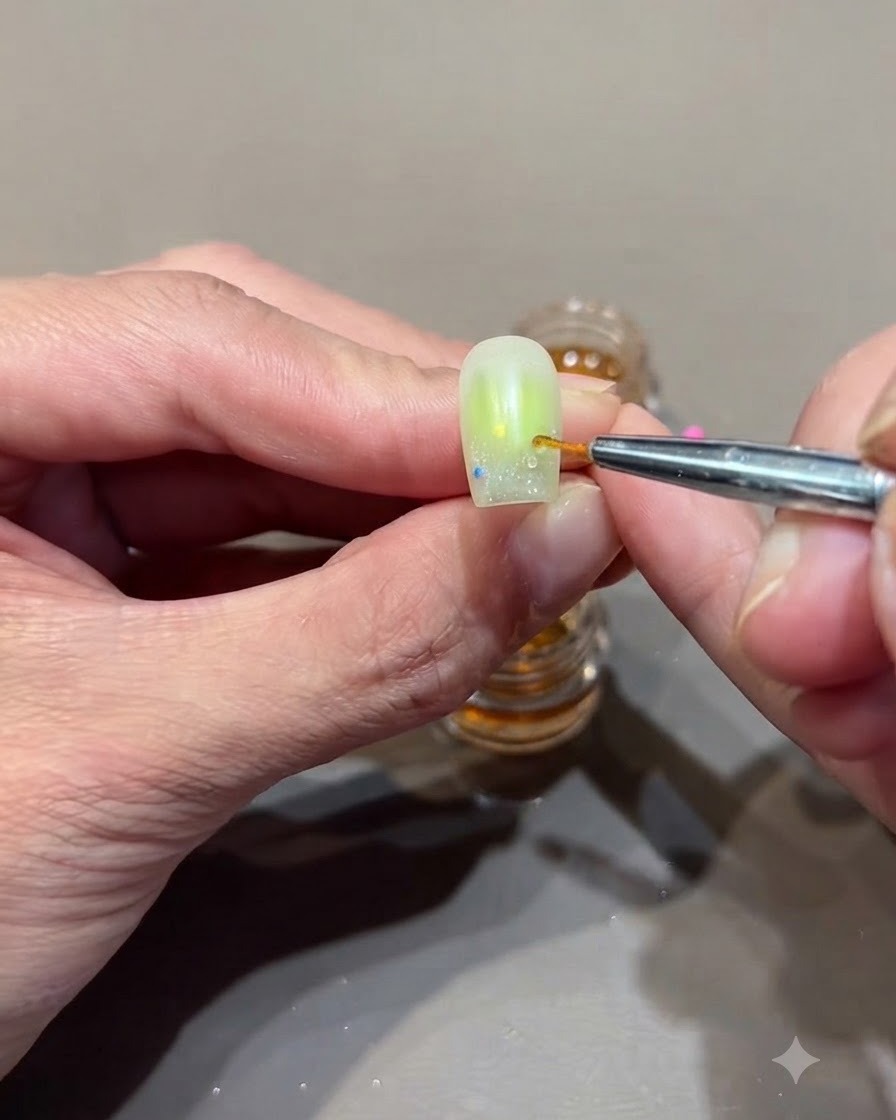 Un pinceau à ongles fin appliquant une petite goutte de gel adhésif transparent sur la surface dun ongle manucuré.