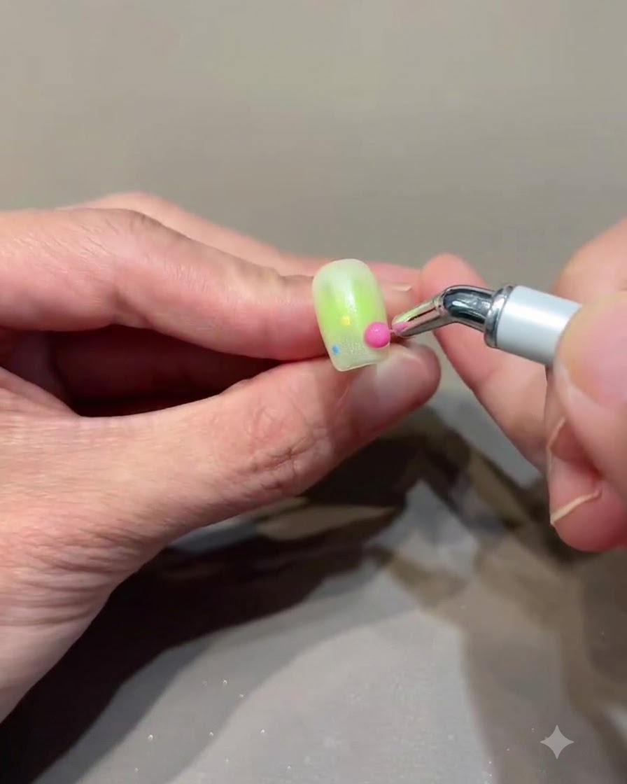 Un outil plaquant une petite décoration sphérique rose sur le point adhésif dun ongle manucuré.