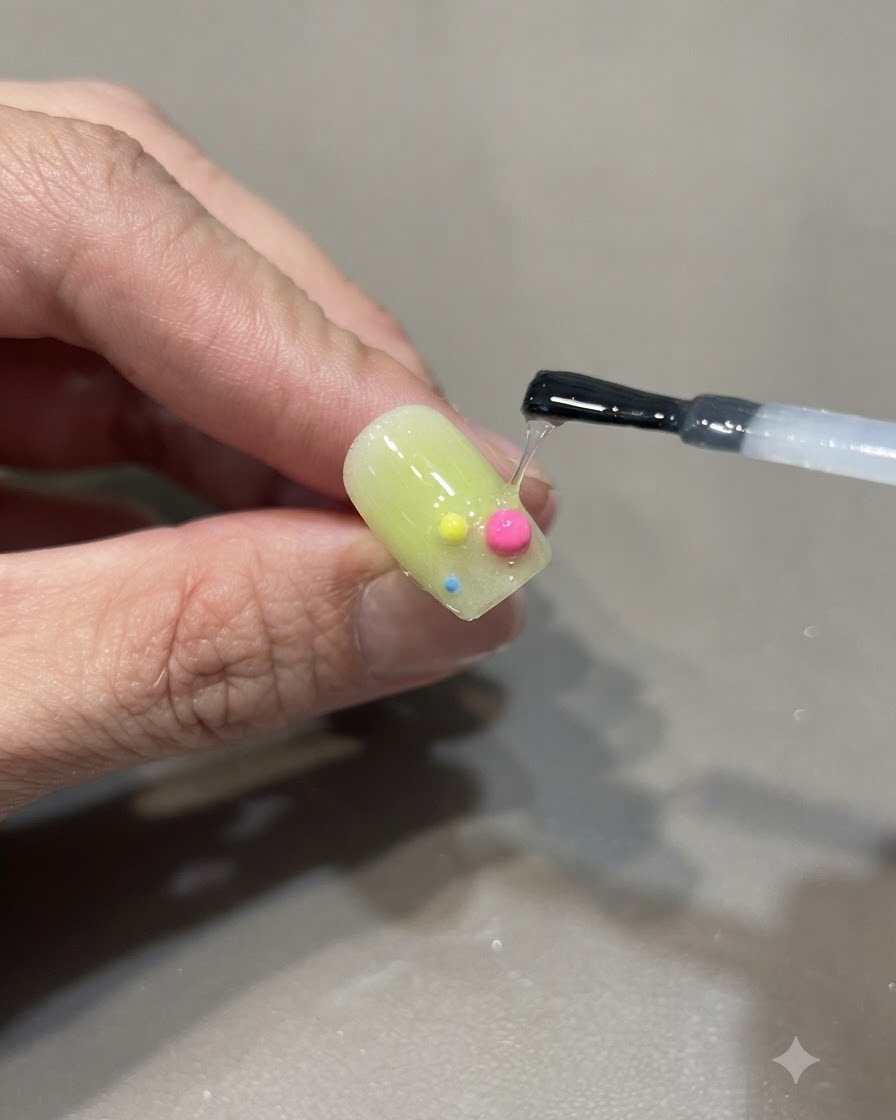 Un pinceau appliquant une couche de finition brillante sur un design dongle fini comportant de petites sphères 3D colorées.