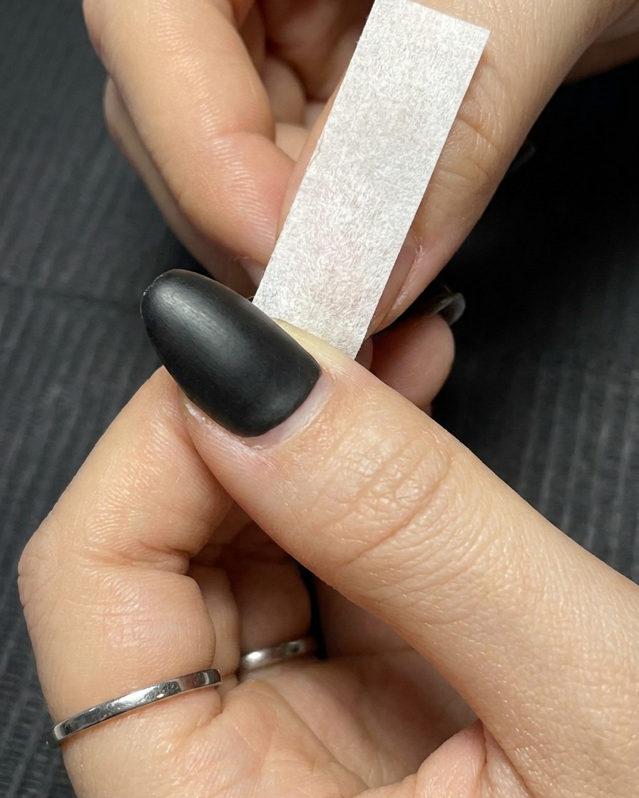 Une paire de mains appliquant une petite bande de ruban de masquage blanc en diagonale sur un ongle vernis foncé.