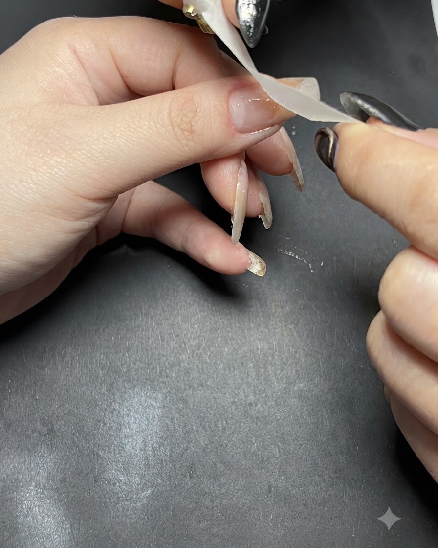 Des mains plaçant une bande de ruban en diagonale sur un ongle pour délimiter une nouvelle zone à aérografer.