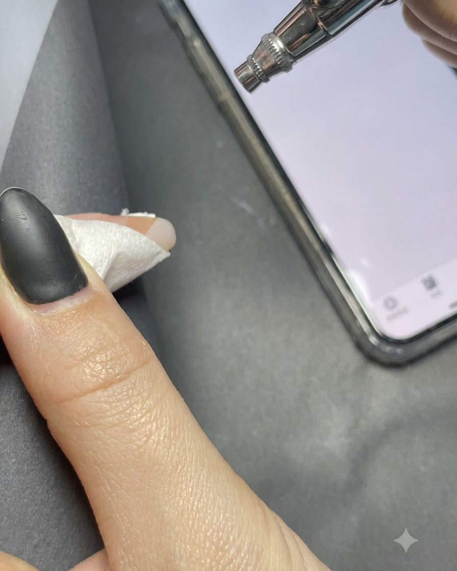 Un stylo aérographe positionné près dune main à côté dun chronomètre de smartphone affichant le processus dapplication rapide.