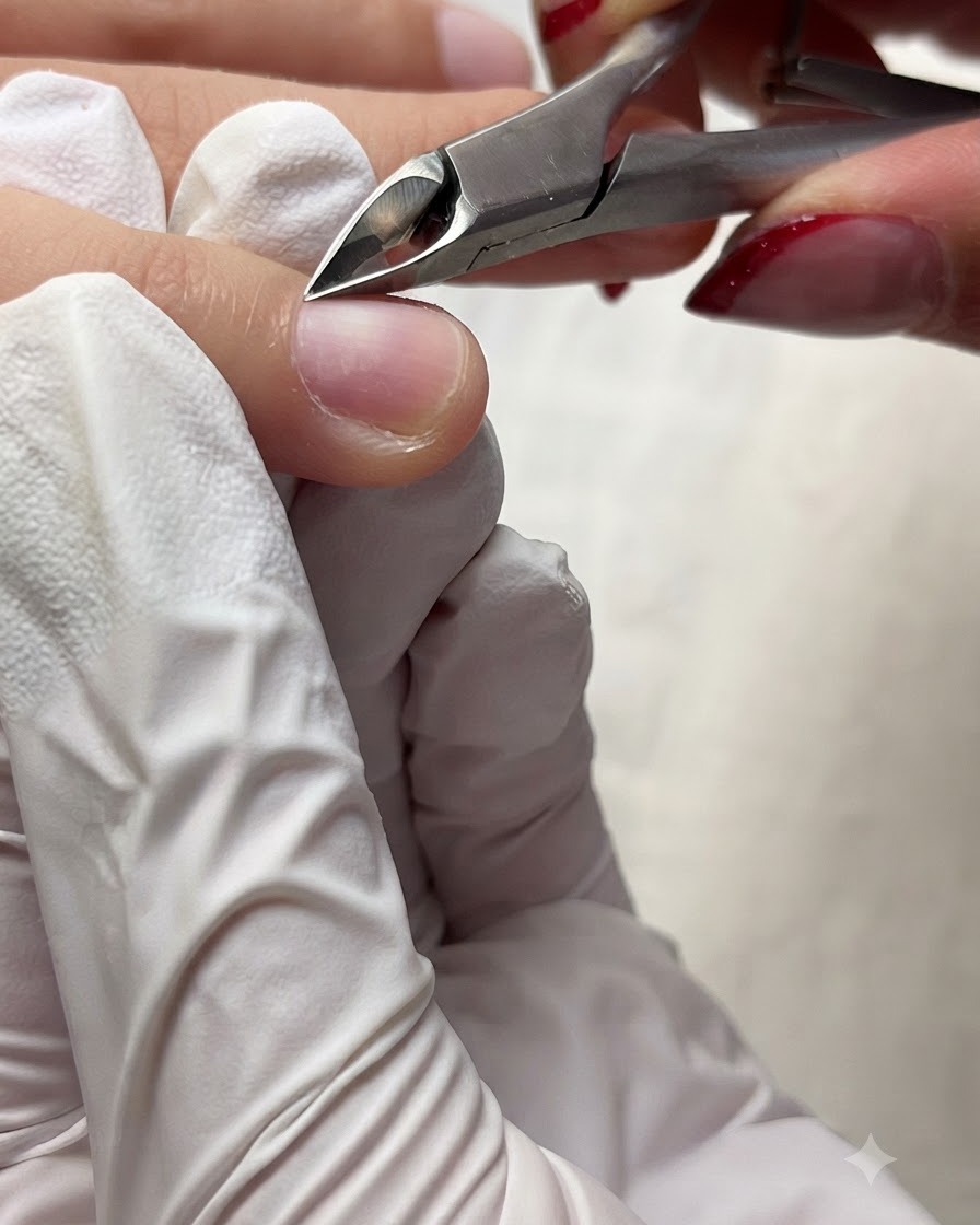 Une pince à cuticules de precision coupant les peaux mortes le long du repli proximal dun doigt manucuré.