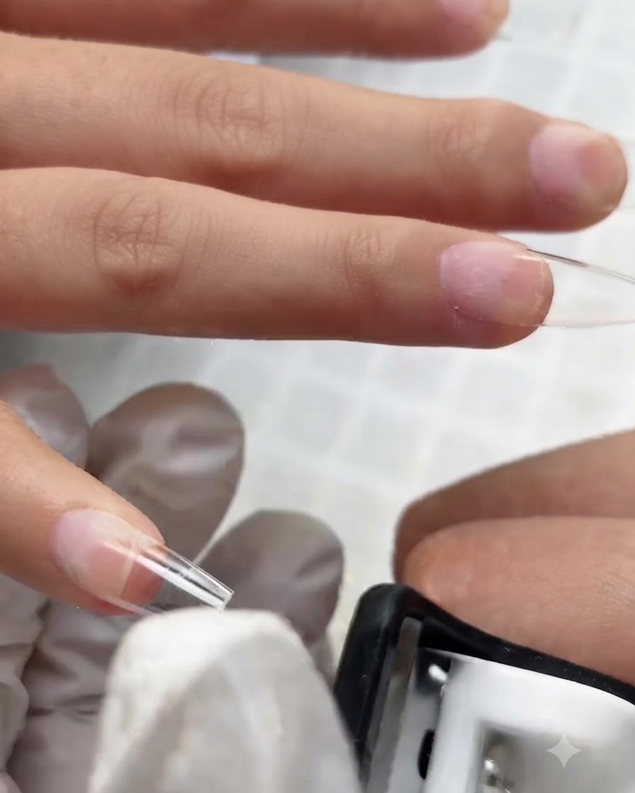 Une paire de coupe-ongles droits coupant une capsule dextension transparente sur le doigt dune cliente.