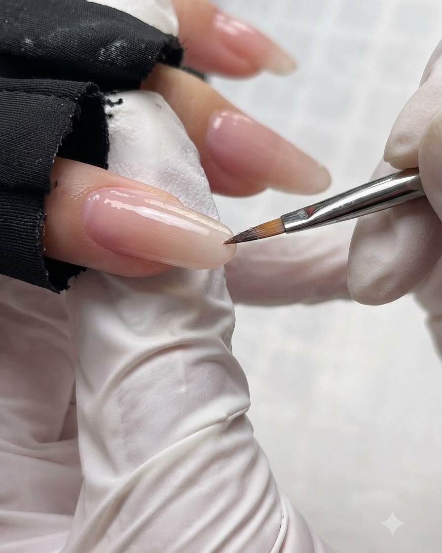 Un pinceau de détail fin appliquant une deuxième couche de gel vernis brun nude pour intensifier la couleur.