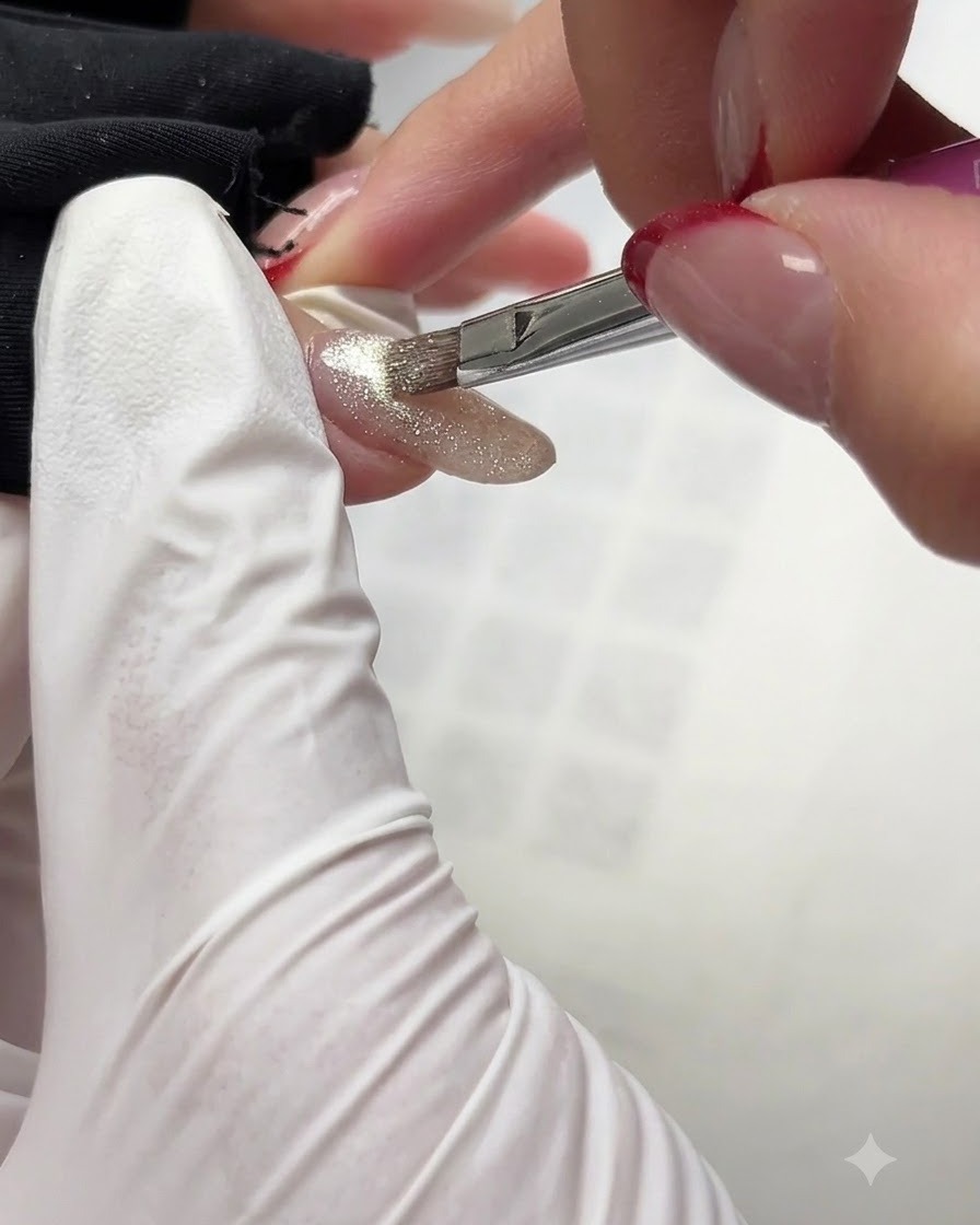 Vue détaillée dun pinceau appliquant un vernis gel œil de chat scintillant sur un ongle.