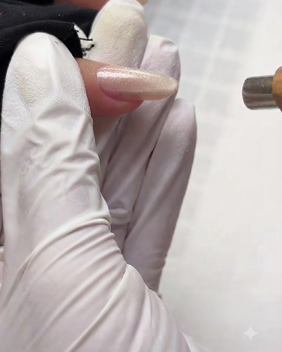 Un aimant tenu près dun ongle recouvert de gel œil de chat pour façonner leffet lumineux.
