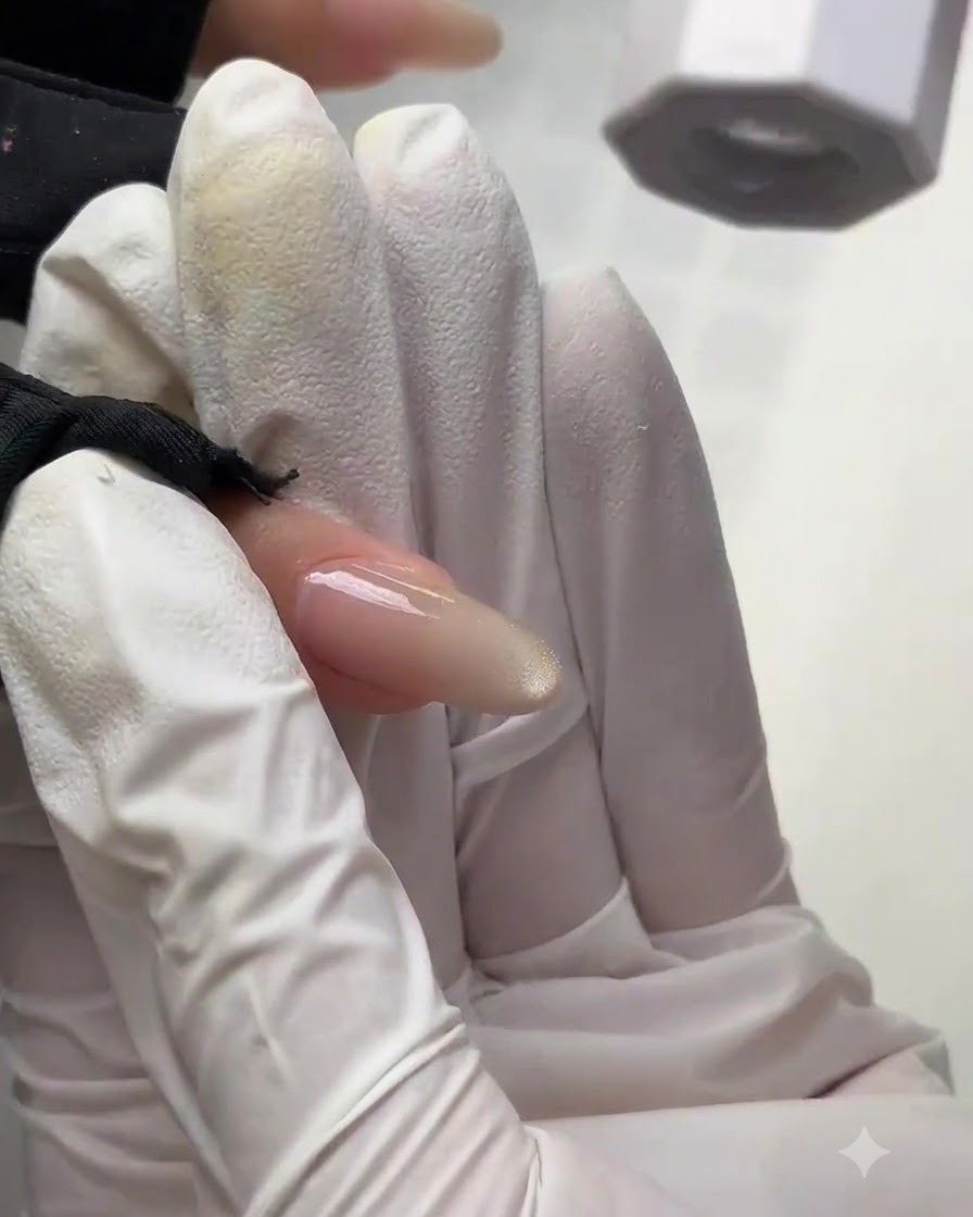 Un ongle positionné sous une lampe de catalysation UV/LED portable.