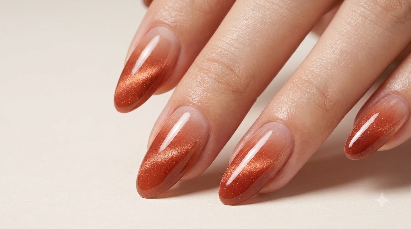 Tutoriel d'ongles en gel effet œil de chat et dégradé automne-hiver aux teintes douces