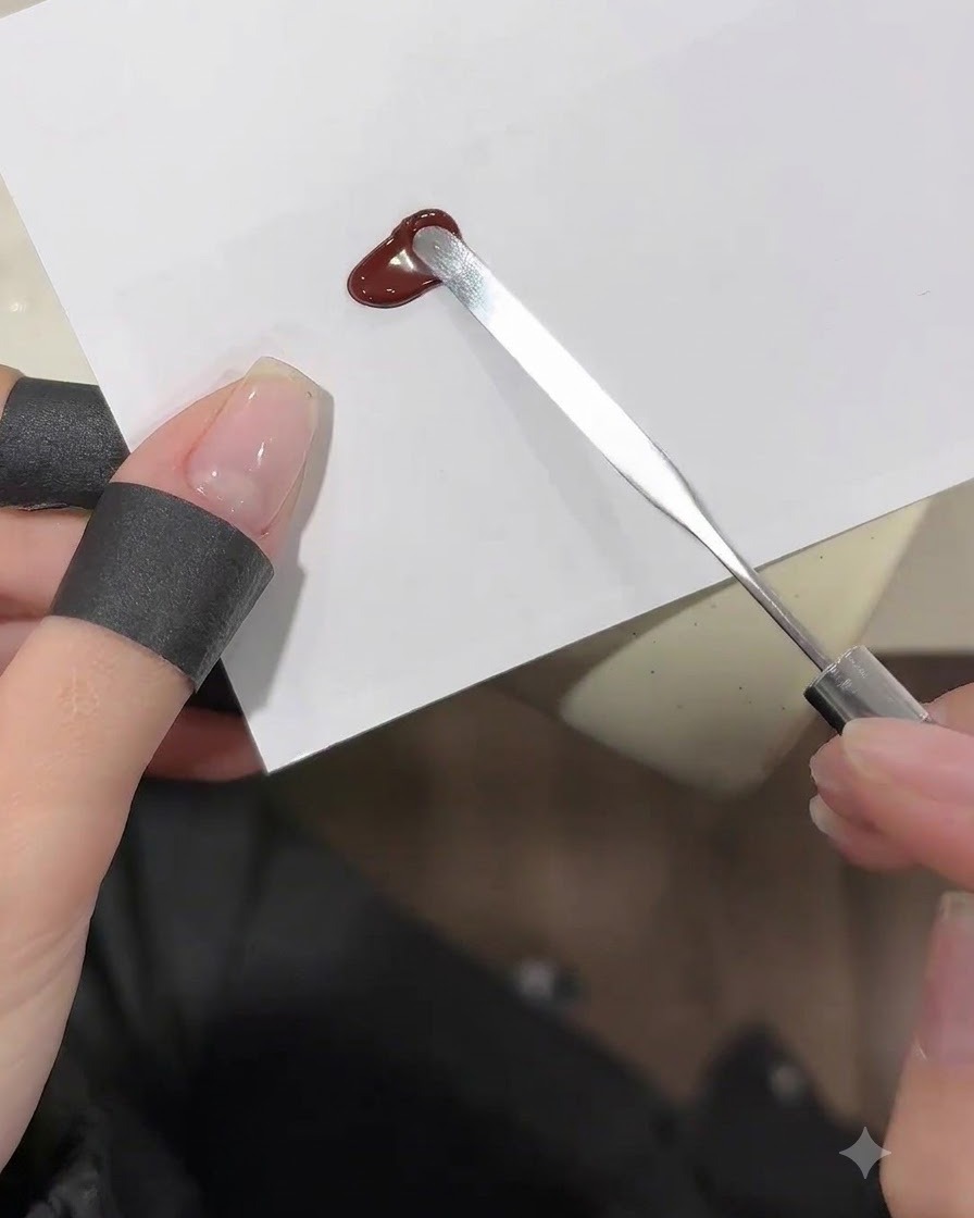 Une spatule en métal étalant une goutte de gel rouge bordeaux sur une palette blanche.