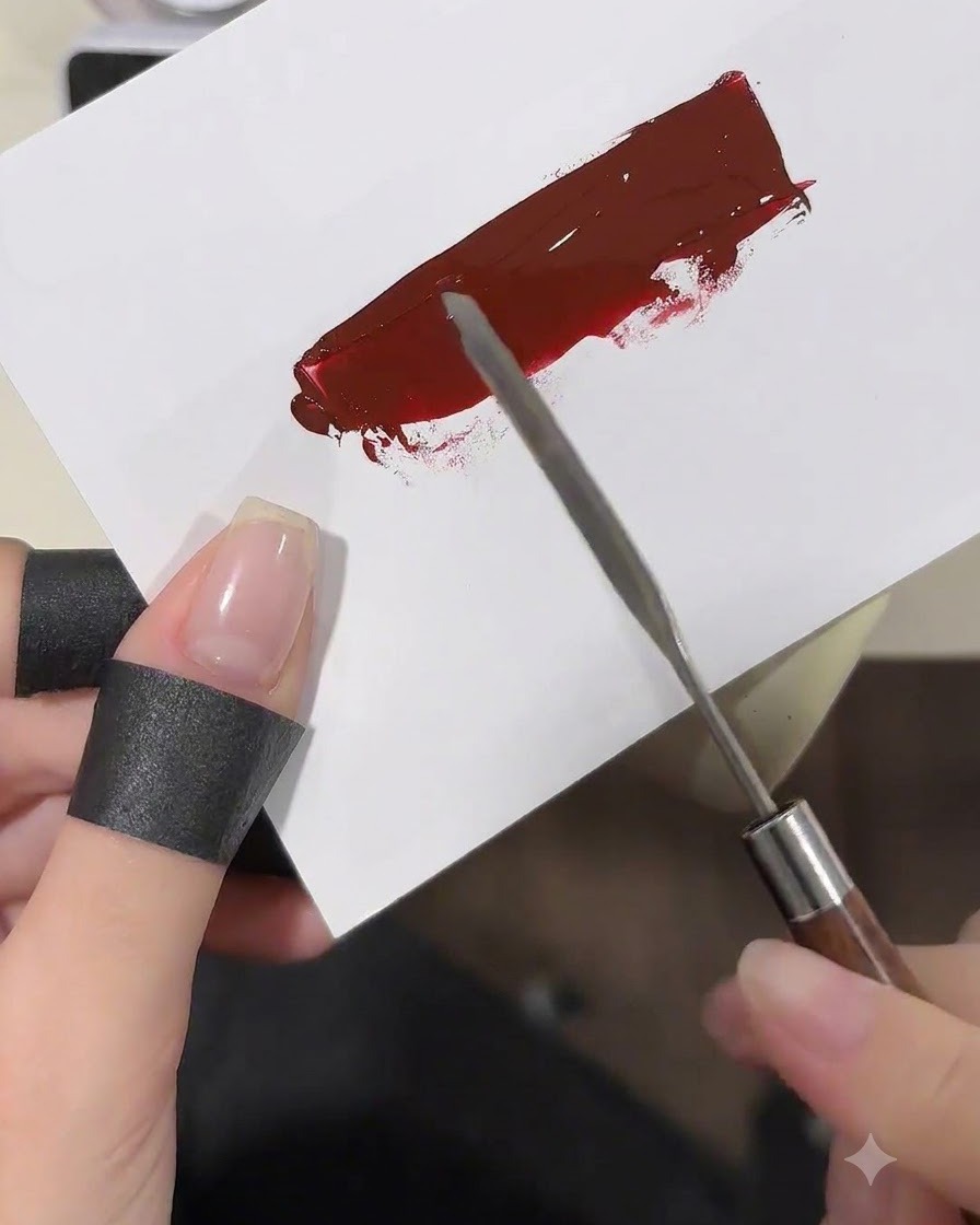 Une éponge à maquillage tapotant une couche lisse de gel rouge bordeaux sur une palette blanche.