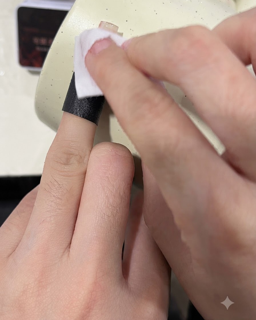 Un coton essuyant la surface dun ongle catalysé pour retirer la couche collante dinhibition.