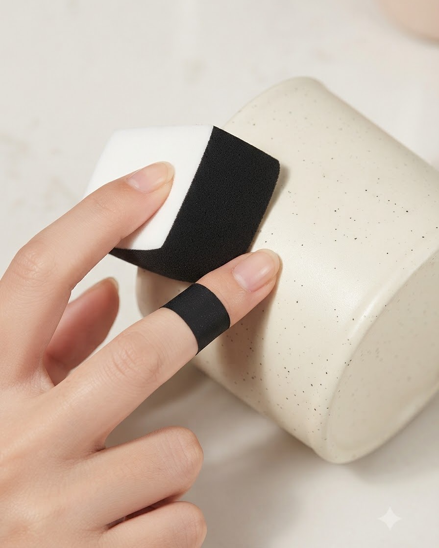 Une éponge à maquillage pressant une couleur rouge bordeaux foncé sur un ongle pour créer un effet dégradé.