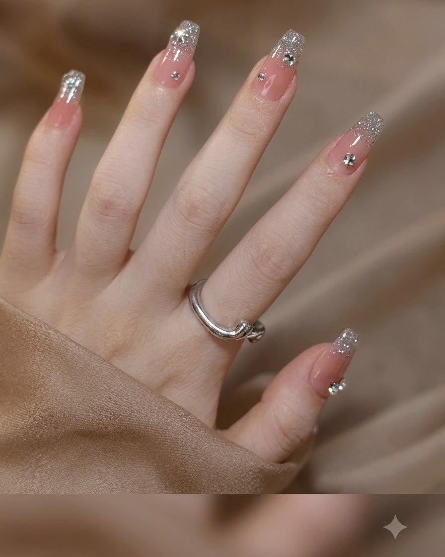 Gros plan dune main avec des ongles en gel carrés montrant une base nude translucide et des pointes de paillettes argentées fines.