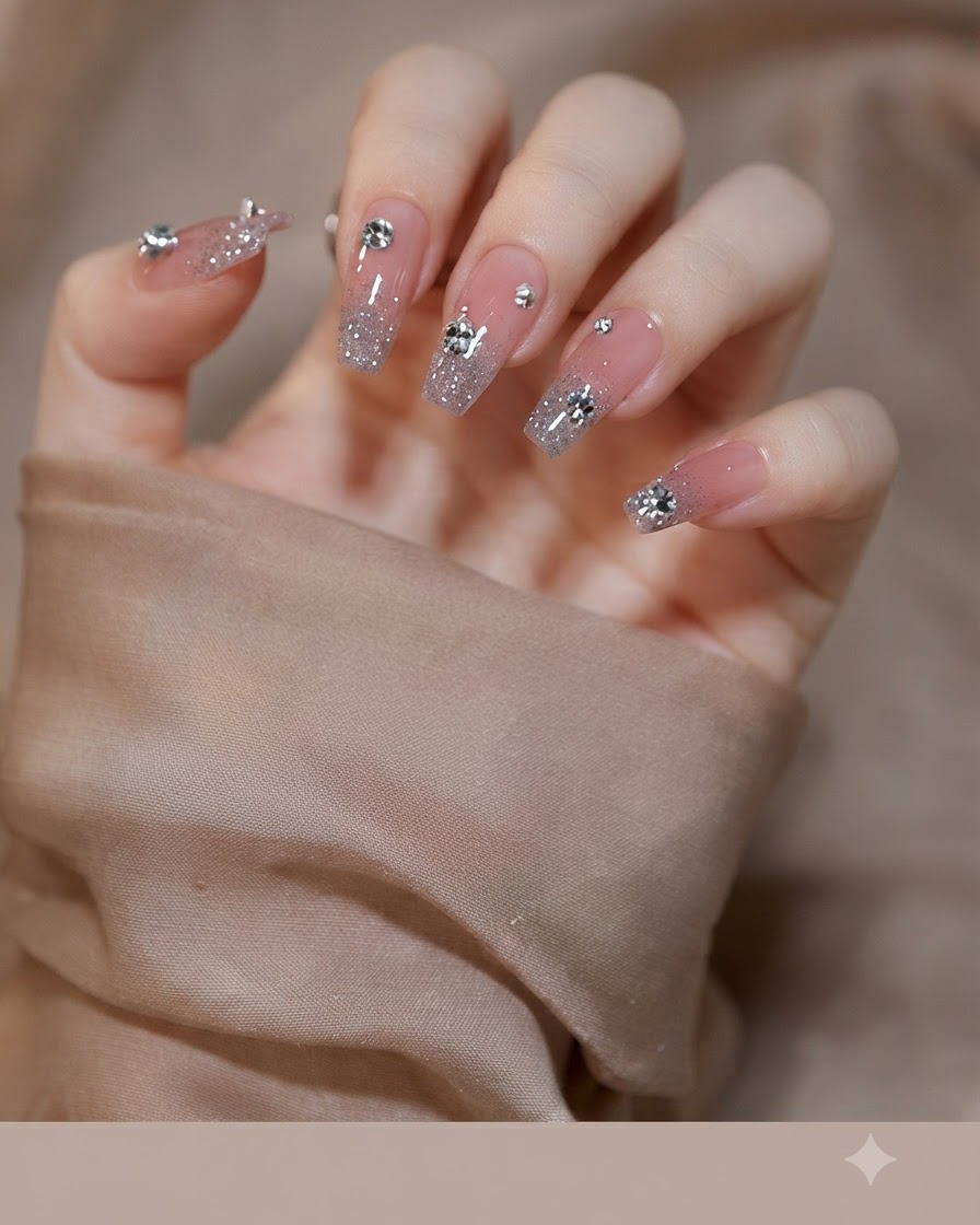 Macro de ongles carrés affichant un centre rose blush doux entouré de paillettes argentées qui sestompent.