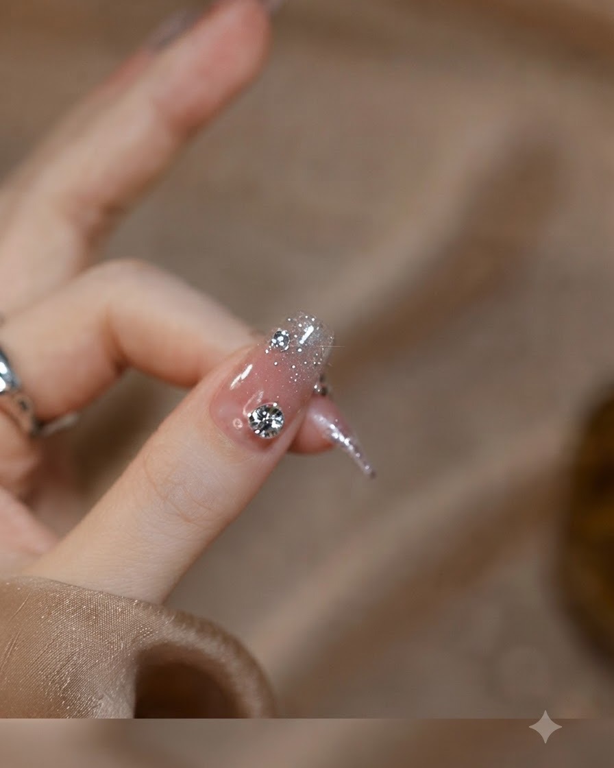 Macro dun ongle de pouce présentant un grand strass central accompagné de micro-cristaux sur une base de paillettes en dégradé.