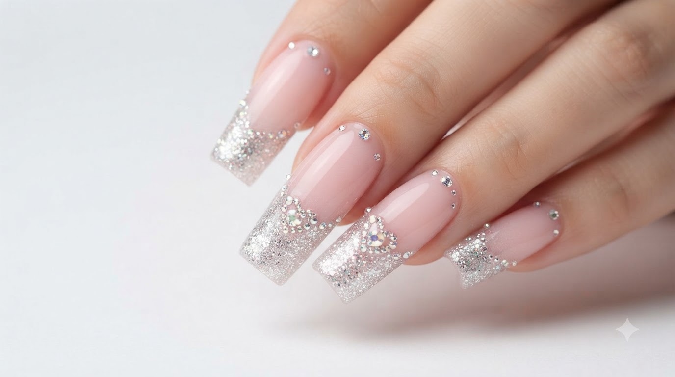 Ongles en Gel Blush Gradient Scintillants avec Décorations de Strass
