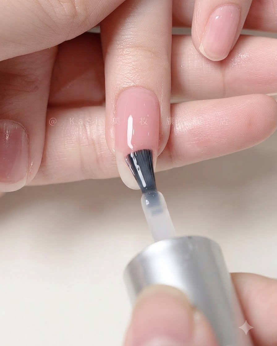 Une main positionnée sous une lampe à ongles catalysant la couche de top coat mat appliquée.