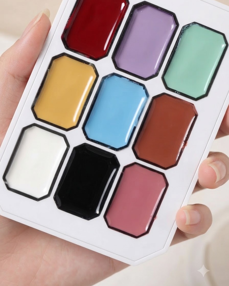 Un gros plan dune palette de pigments multicolores avec un pinceau fin plongeant dans les blocs de couleur.