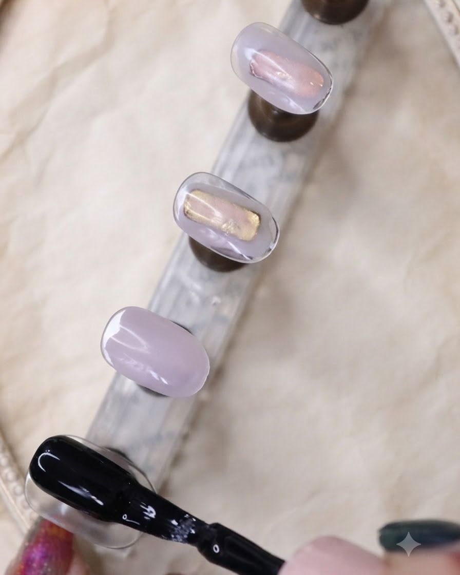 Un pinceau de vernis gel noir appliquant une couche lisse sur un ongle noir sur un support de présentation.