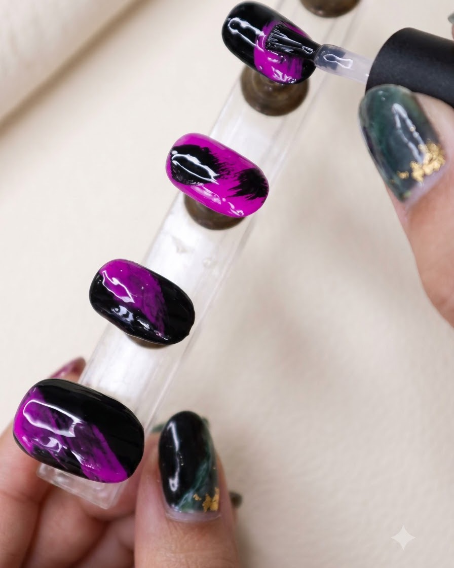 Des ongles en cours de catalysation sous une lampe UV ou LED avec un ensemble fini dongles texturés noirs et violets à proximité.