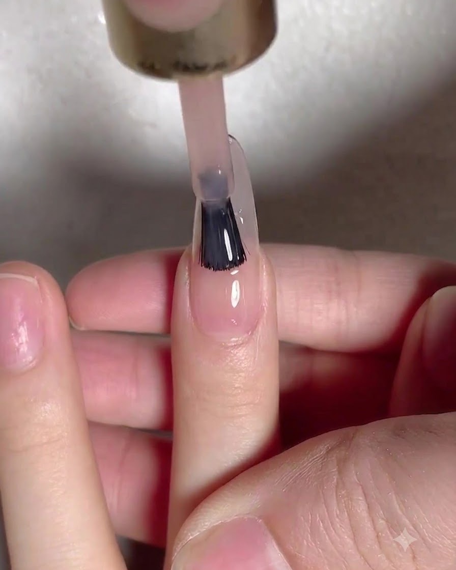 Un onglet positionné sous une lampe UV pour catalyser la couche de gel de base appliquée.