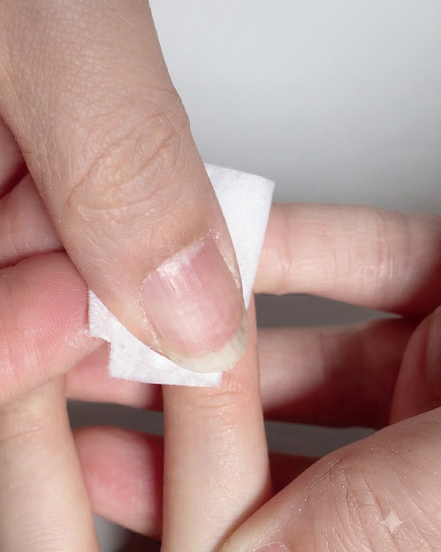 Une lingette non pelucheuse nettoyant la surface dun ongle catalysé.