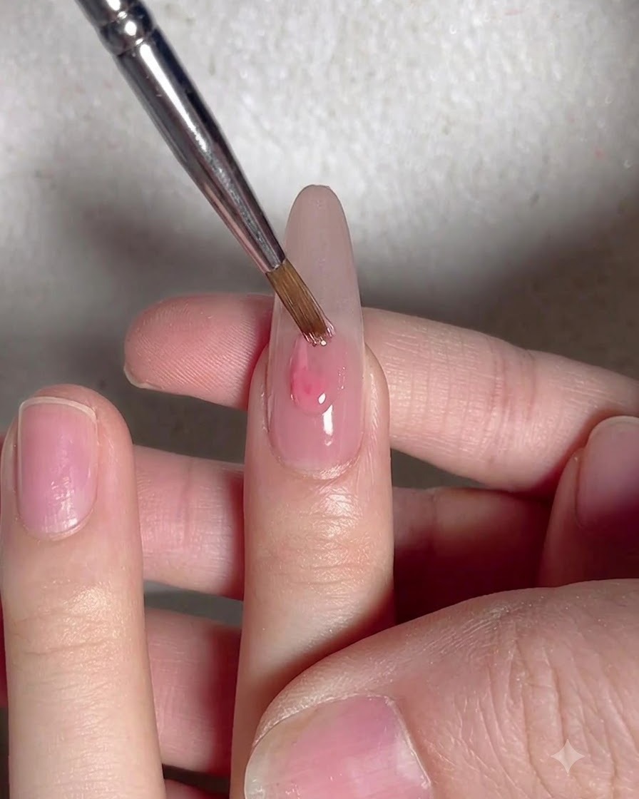 Un pinceau de détail fin appliquant une goutte de vernis gel rose au centre de longle.