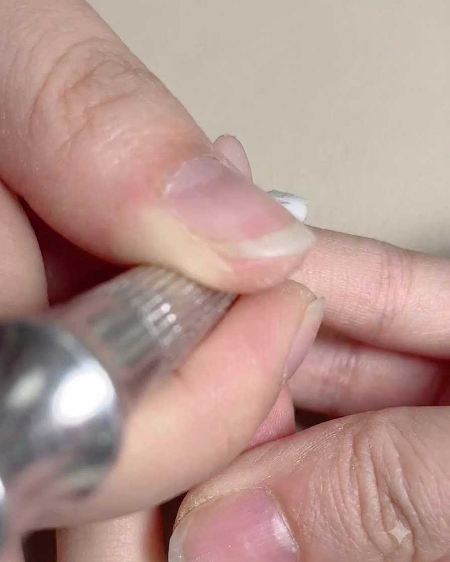 Un petit applicateur éponge tamponnant du vernis gel rose sur un ongle pour créer un effet dégradé.