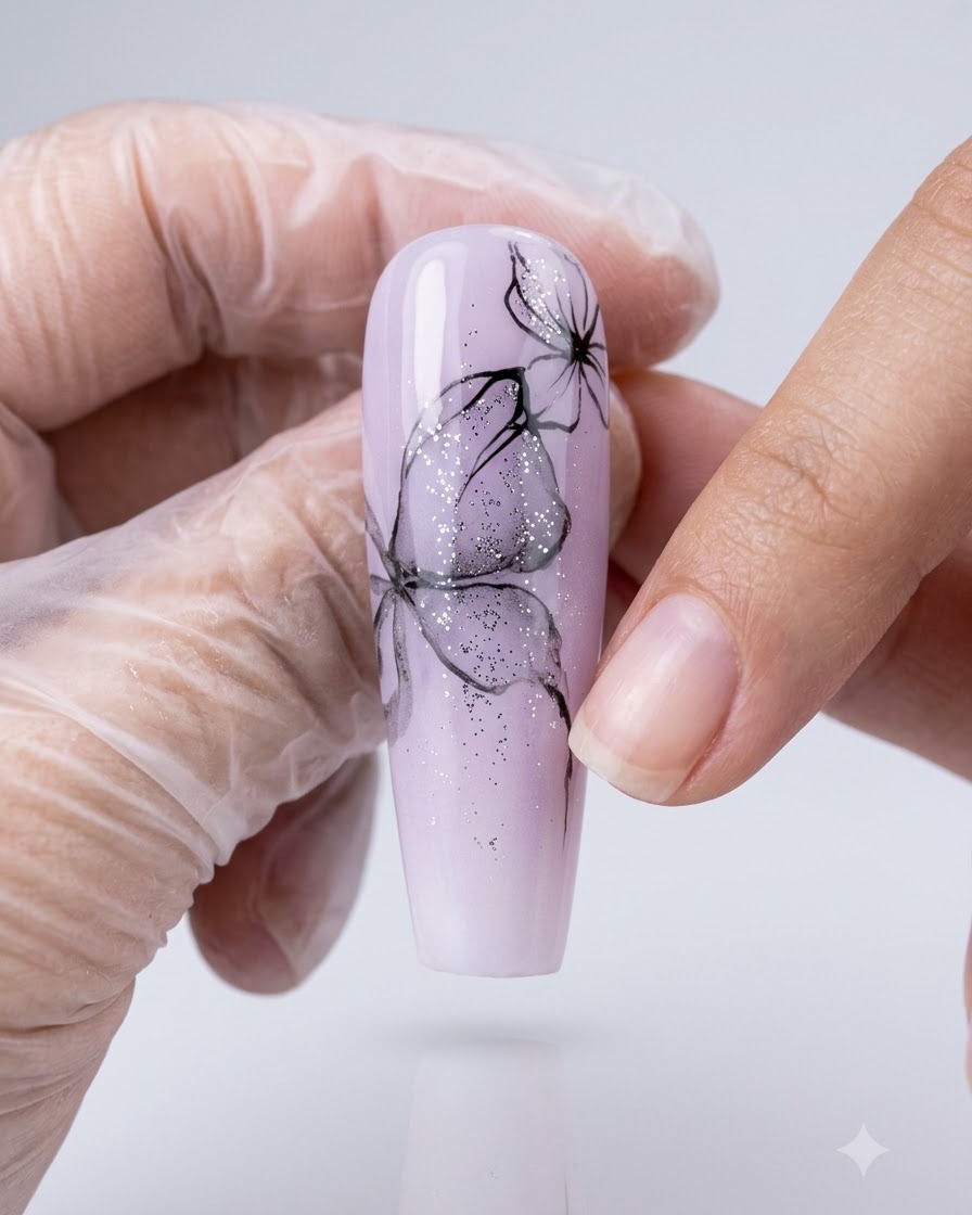 Une main gantée tenant une capsule dongle ombrée de violet décorée de fines lignes de papillon noires et de paillettes.