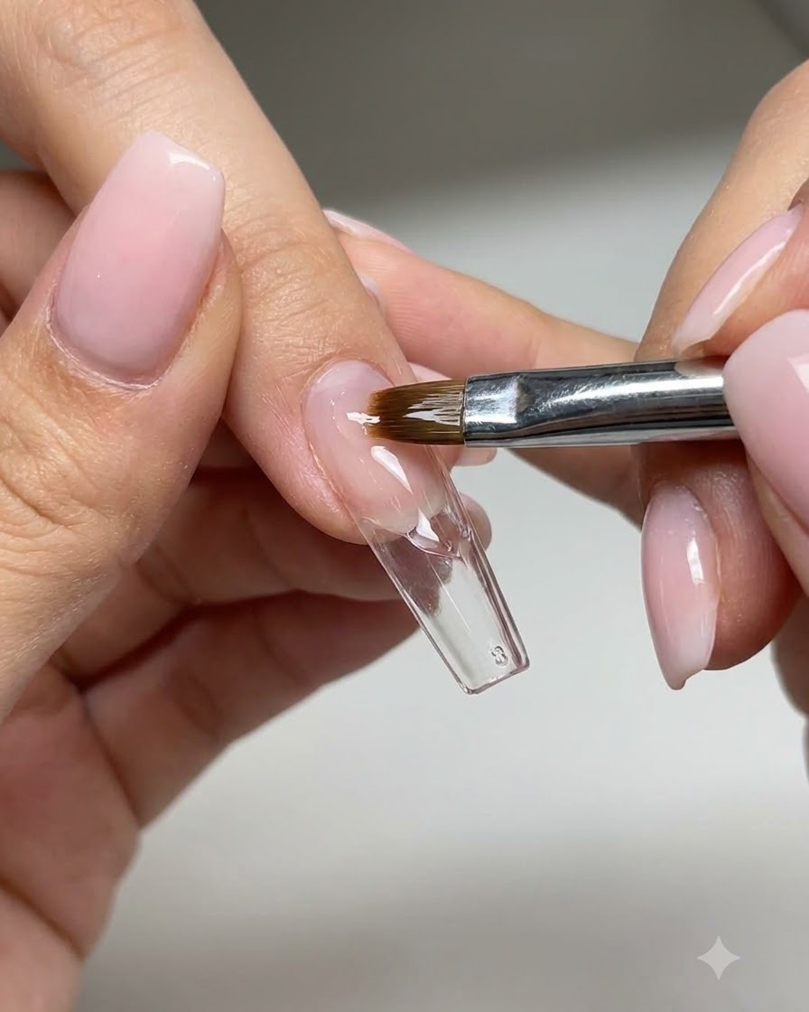 Un pinceau à ongle appliquant du gel blanc pour peindre des motifs de rubans fluides sur une capsule dongle dentraînement transparente.