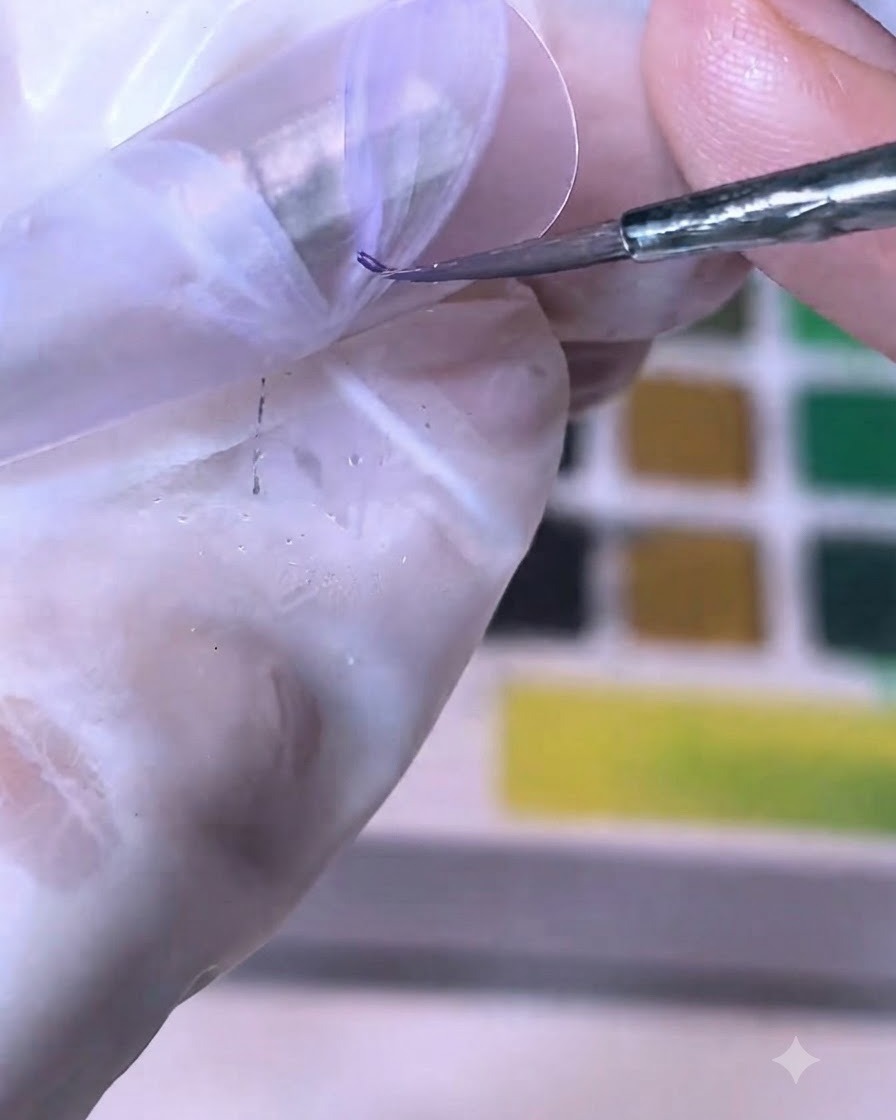 Un pinceau fin appliquant de la peinture aquarelle violette sur un design de ruban blanc sur une capsule dongle.