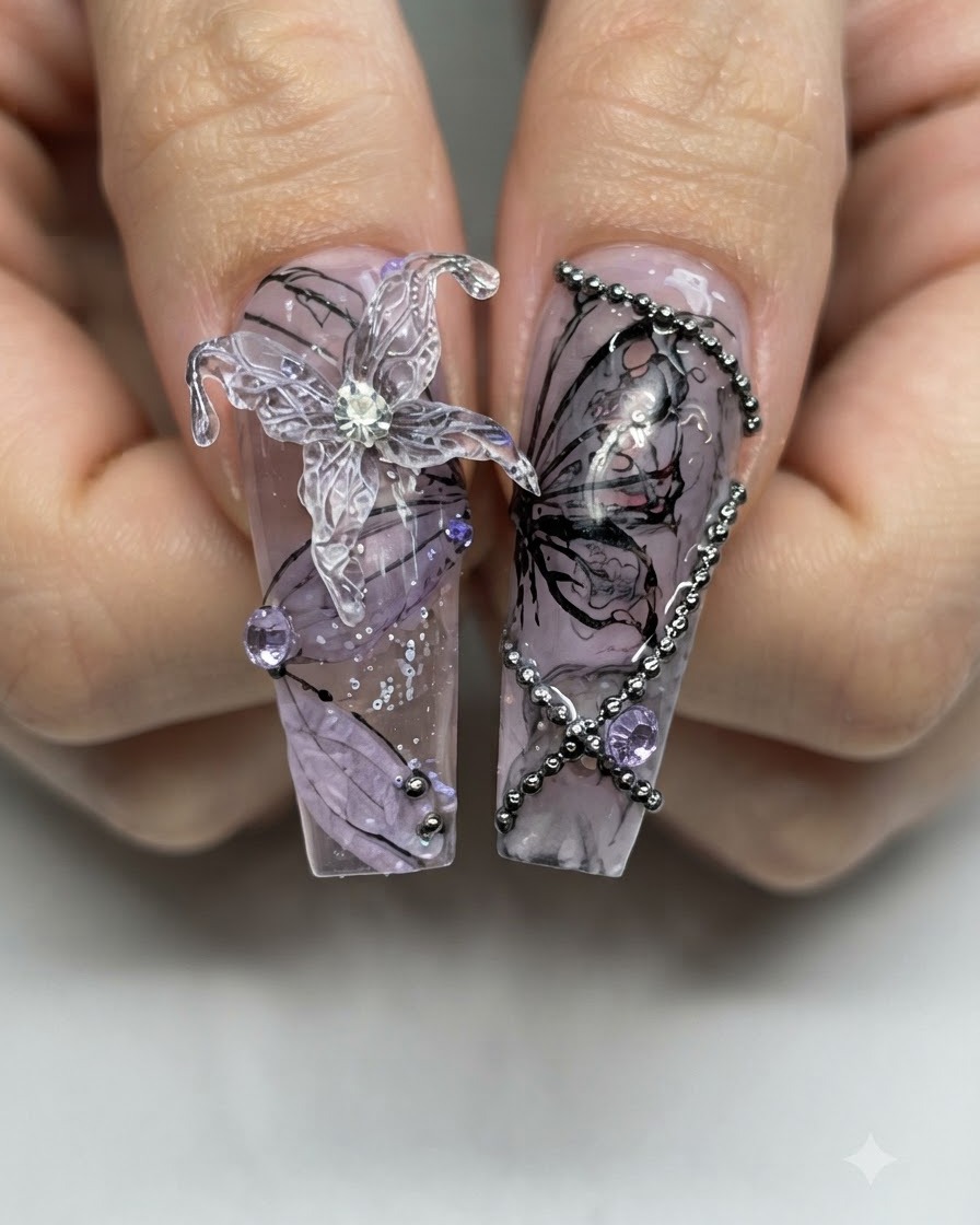 Vue rapprochée dune feuille de démoulage transparente avec un contour de papillon 3D dessiné à la main en gel transparent.