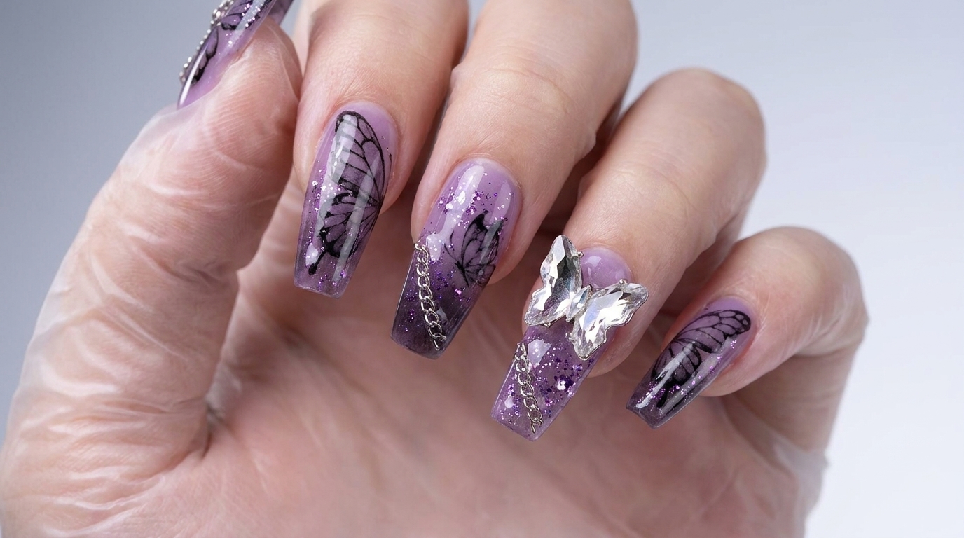 Gros plan macro de faux ongles press-on finis au style punk papillon violet, arborant un dégradé violet translucide, des contours de papillons noirs en aquarelle, des chaînes et des embellissements de papillons en cristal 3D.
