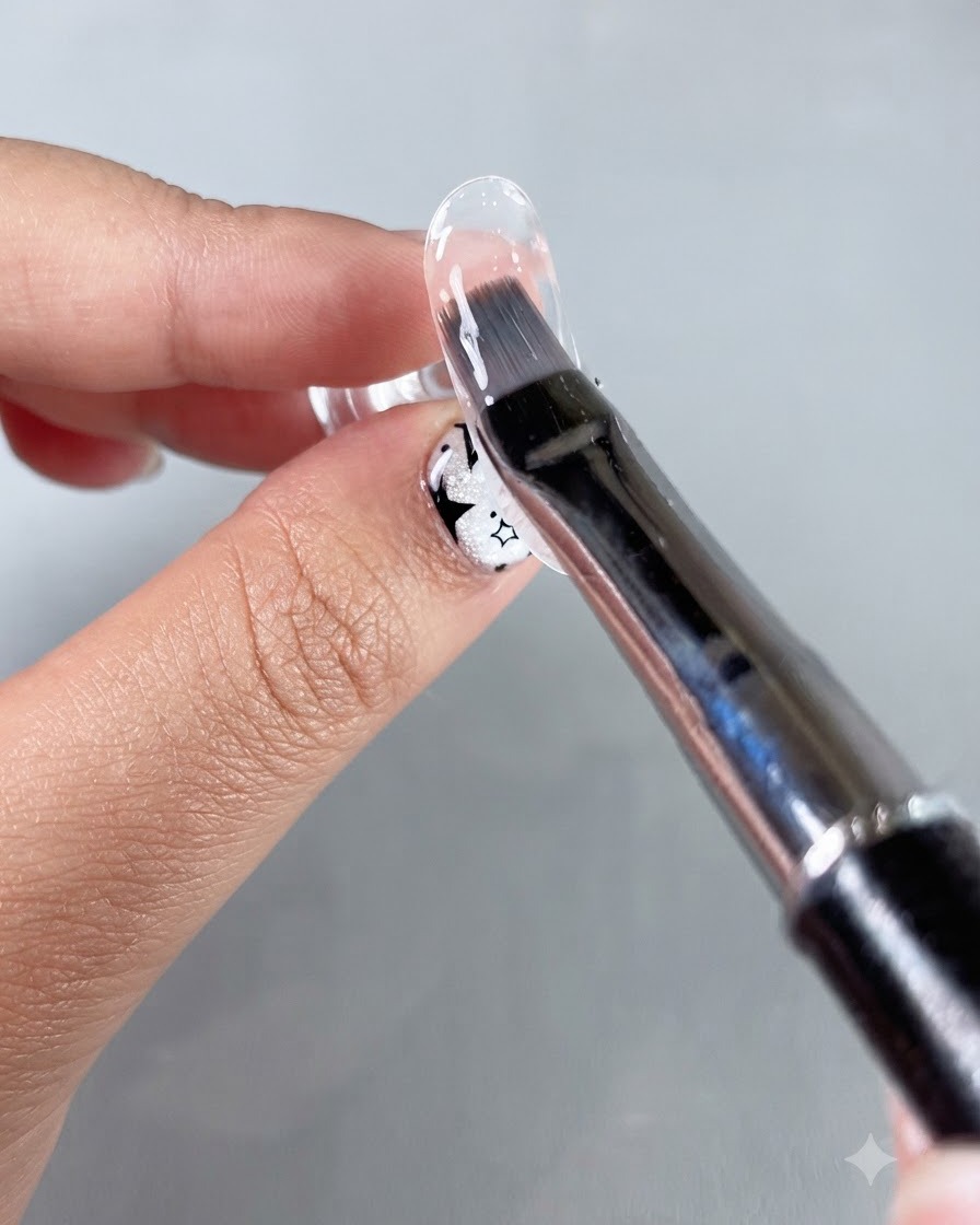 Un pinceau à gel étalant uniformément une couche de base gel résine transparente sur la surface dun ongle dentraînement.
