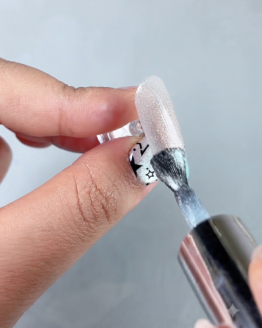 Un pinceau appliquant du gel sparkling water cat eye uniformément sur la surface préparée de longle.