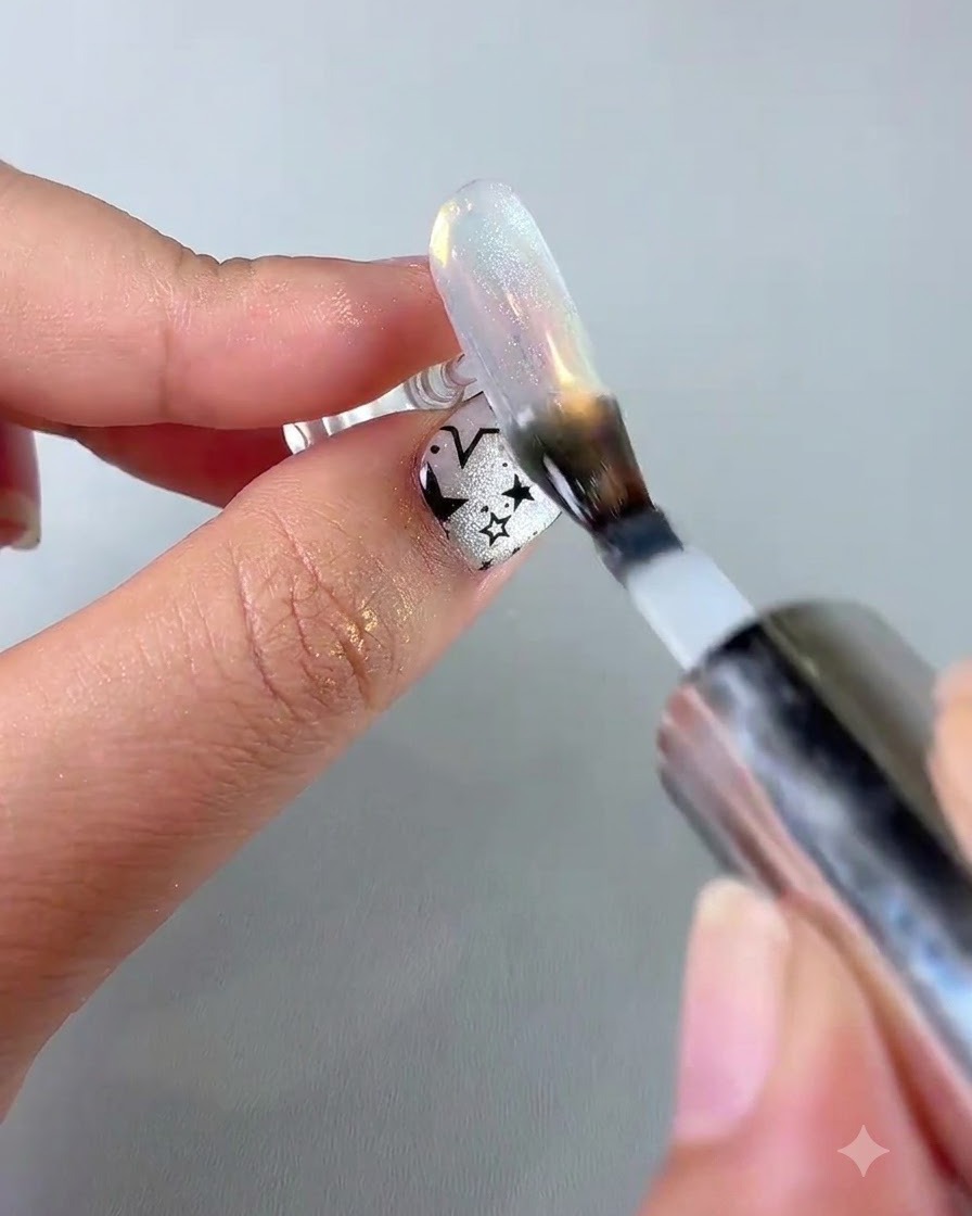 Un pinceau à ongles appliquant une dernière couche de top coat brillant sur un ongle aurora bubble cat eye terminé.