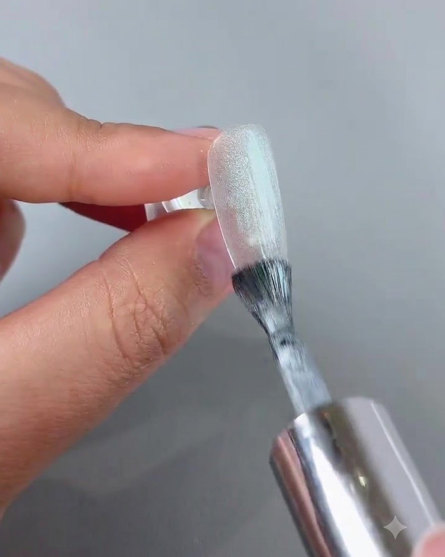 Un bâtonnet aimanté tenu près dun ongle en gel cat-eye brillant pour former un effet lumineux sphérique et éclatant.