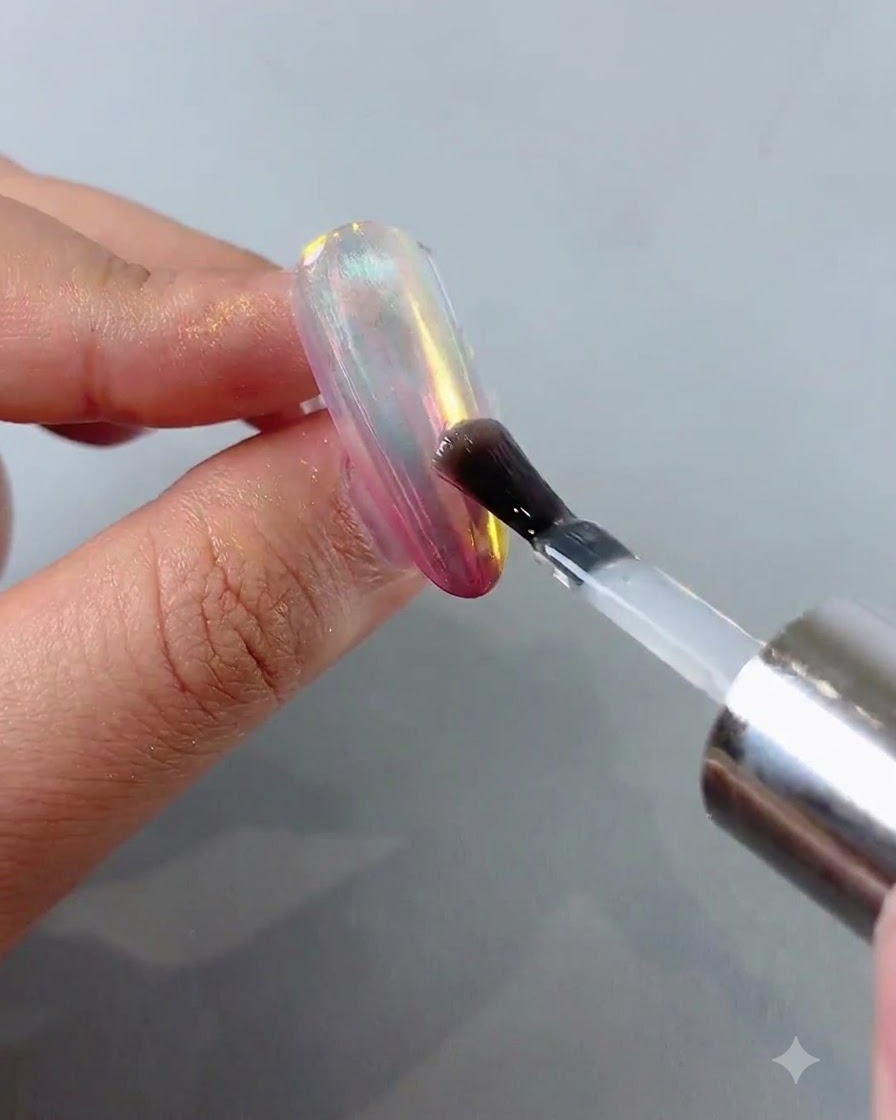 Un pinceau appliquant une couche de top coat brillant sur la surface dun ongle chrome aurora.
