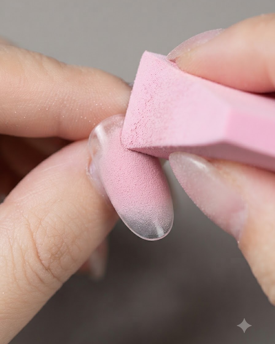Un pinceau appliquant un gel blush rose nude doux au centre dune capsule dongle dentraînement.