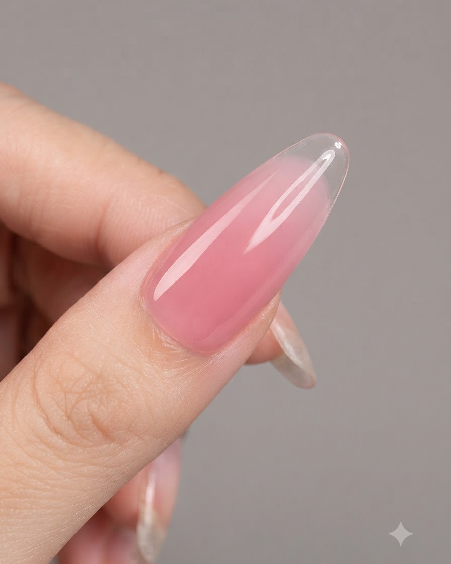 Des ongles qui catalysent sous une lampe UV/LED après lapplication du gel nude diaphane.