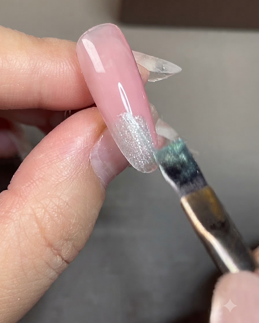 Un pinceau appliquant du vernis gel cat-eye bleu sur le bout dun ongle.